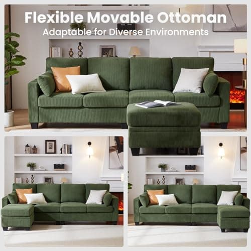 Modular Sectional Sofa with Storage Ottomans, Corduroy Cloud Couch for Small Spaces & Apartments, Reconfigurable L/U Shaped Convertible Corner Sofa, Green, 5 Seater Sectional 6