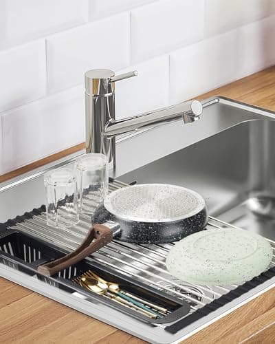 CLNGAI Roll Up Dish Drying Rack,Expandable Over The Sink Dish Drainer,Stainless Steel Kitchen Rolling Sink Rack with Utensil Holder,Length Up to 22.3" (Black) 6