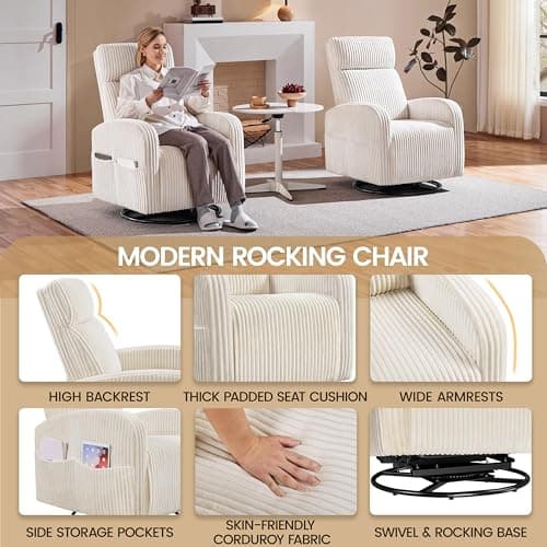 Yaheetech 360° Swivel Glider Chair for Nursery, Rocking Chair Nursing Chair with Side Pockets, Corduroy Glider for Living Room with High Back Beige 5