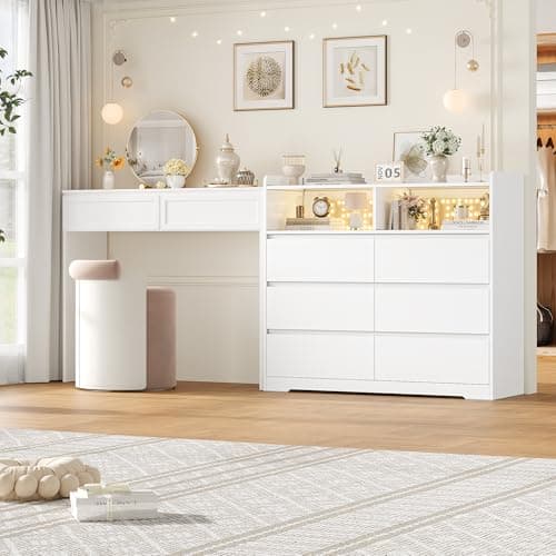 FOTOSOK White Dresser 6 Drawer, 47.2" Dresser for Bedroom Chest of Drawers with 2 Open Cabinets, Wood Dresser Modern Dresser Storage Drawers for Home & Office 2