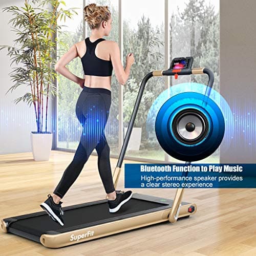 GYMAX Walking Pad, 2 in 1 Free Installation Under Desk Treadmill with Remote Control & LED Display, 2.25HP Foldable Portable Compact Running Machine for Small Spaces Home Office (Gold) 6