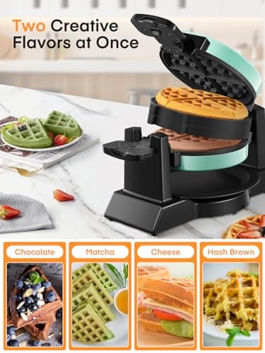 Waffle Maker, 1400W Double Belgian Waffle Iron 180° Flip, 8 Slices in 3 Mins, Rotating & Nonstick Plates, Anti-Scald, Removable Drip Tray Easy to Clean, Cool Touch Handle, Space-Saving (Mint Blue) 8