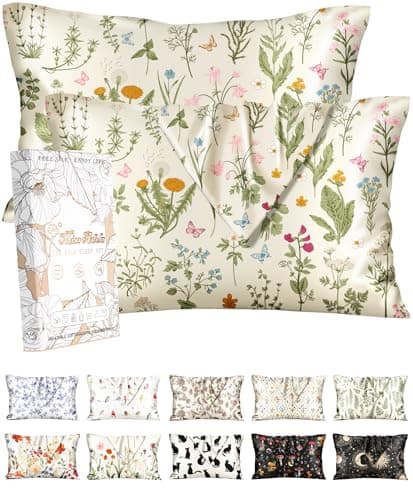Miss Adola 2 Pack Silk Pillowcase - 20x26 Inch Standard Size Silk Pillow Case with Hidden Zipper for Women Lady Smooth Soft Breathable Cute Design Pillowcase for Hair and Skin, Leaf Flower