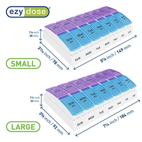 EZY DOSE Weekly AM/PM Pill Organizer, 7-Day Vitamin Container and Daily Medication Box with Large Pop-Out Compartments, 2 Times a Day Pill Holder, Blue and Purple Lids, Travel-Friendly Design 2