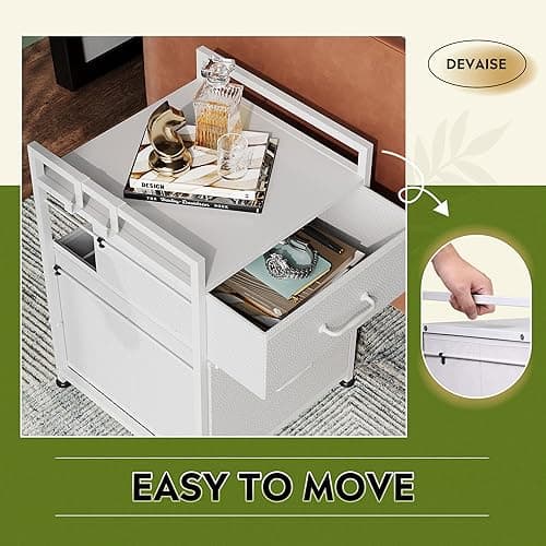DEVAISE 2 Drawer Mobile File Cabinet, Rolling Printer Stand with Fabric Drawer, Vertical Filing Cabinets with Hanging Folders Fit A4 or Letter Size for Home Office, White 4