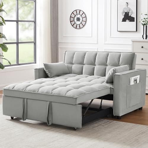 Yafylly 3 in 1 Sleeper Sofa Couch Bed, Pull Out Loveseat with Storage, Full Size Velvet Convertible Chair with 2 Pockets & 2 Pillows for Living Room, Grey