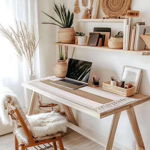 yuboo Boho Coffee Table Runner 48 Inch, Spring Farmhouse Burlap Dresser Runner Scarf, Rustic Macrame Runner for Round Table, TV Stand, Entryway Console, Neutral Easter Decor 5