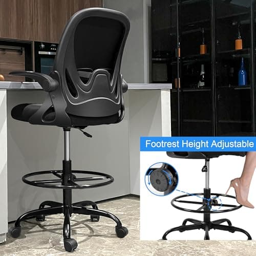 Primy Drafting Chair Tall Office Chair with Flip-up Armrests Executive Ergonomic Computer Standing Desk Chair with Lumbar Support and Adjustable Footrest Ring (Black) 6