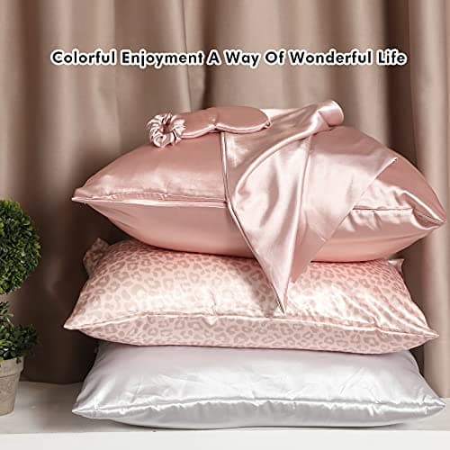 2 Pack Satin Pillowcase with Latent Zipper, Adjustable Satin Eye Mask for Sleeping and Satin Volume Scrunchie for Hair and Skin, Standard Size (Light Pink,Classic Style) 7