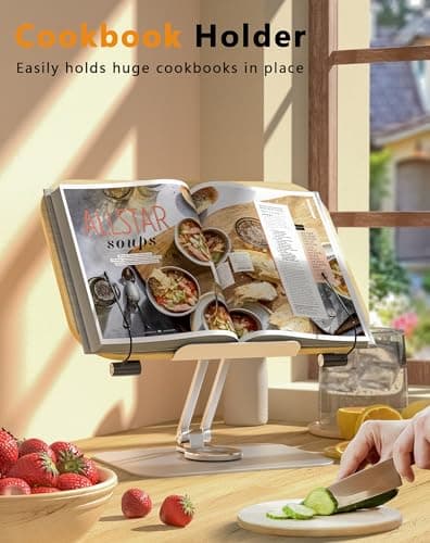 Amasrich Book Stand for Reading, Adjustable Holder with 360° Rotating Base & Page Clips, Foldable Desktop Ricer for Cookbook,Sheet Music,Laptop,Recipe,Textbook,Hands Free,Wood,Aluminium 9