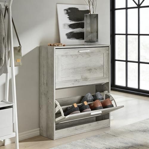 Haotian Enclosed Shoe Rack for Entryway, Narrow Shoe Cabinet with 2 Flip Drawers, Slim Shoe Storage Organizer for Hallway or Small Spaces, Grey, FSR137-HG 8