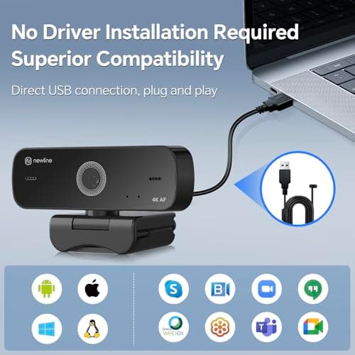 N newline 4K Webcam for PC, 4K UHD USB Webcam with Microphone, New Upgraded Auto Focus, Low Distortion, Privacy Cover, PC Camera for Zoom, Skype, Teams, Laptop, Conferencing, Calling, NewEye 60s 6