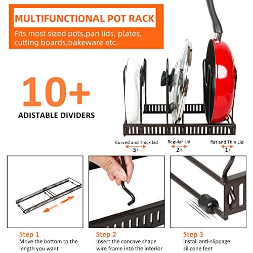 Pot Rack Organizer -Expandable Pot and Pan Organizer for Cabinet,Pot Lid Organizer Holder with 10 Adjustable Compartment for Kitchen Cabinet Cookware Baking Frying Rack,Bronze 5