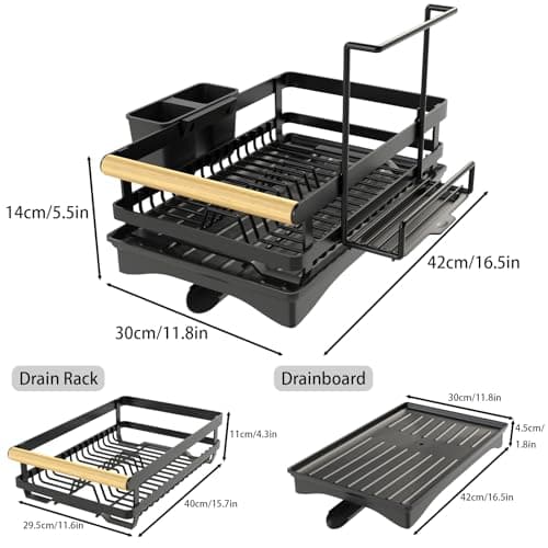 Yawinhe Dish Racks for Kitchen Counter, Space-Saving Drainers with Removable Utensil Holder, Drainboard and Spout, for Knives, Spoons, and Forks, Black 6