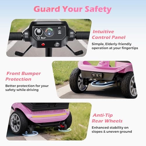 4-Wheel Mobility Scooter for Adults – Foldable Portable Motorized Scooters with 330lbs Capacity, Detachable Battery, Dual Baskets, Cup & Phone Holder, Pink 7