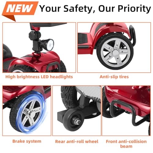 20 Miles 4 Wheels Mobility Scooter for Seniors/Adults Up to 300LBS,350W Electric Wheelchair Detachable Lithium Battery,Dual Baskets,Rotating Seat,with Taillight, USB Charging, Red 18AH 7