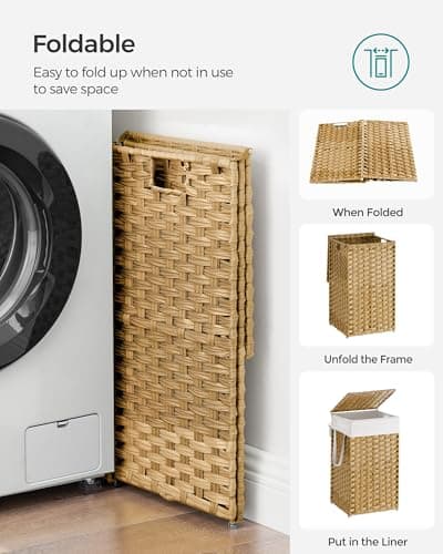 SONGMICS Laundry Hamper with Lid, 17.2 Gallon (65 L) Synthetic Rattan Clothes Laundry Basket with Lid and Handles, Foldable, Removable Liner, Goose Yellow ULCB165N01 8