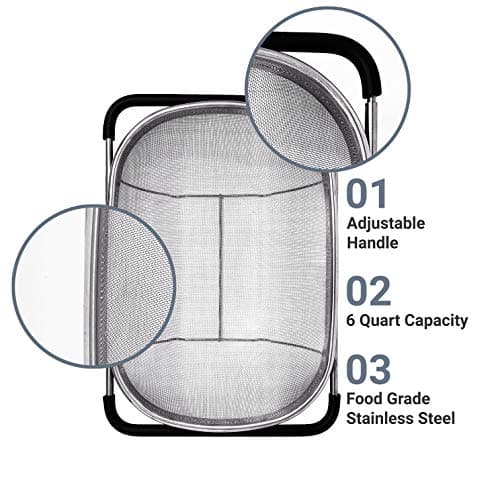 Makerstep Over the Sink Colander Strainer Basket Stainless Steel, For Kitchen Sink with Rubber Grip, Fine Mesh, Large Kitchen Gadgets Tools, Expandable Home Kitchen Essentials 5