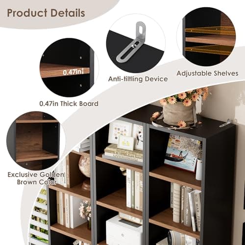 FOTOSOK 8-Tier Media Tower Rack, 11.6 X 9.3 X 71 Inches CD DVD Slim Storage Cabinet with Adjustable Shelves, Tall Narrow Bookcase Display Bookshelf for Home Office, Black/Brown 8