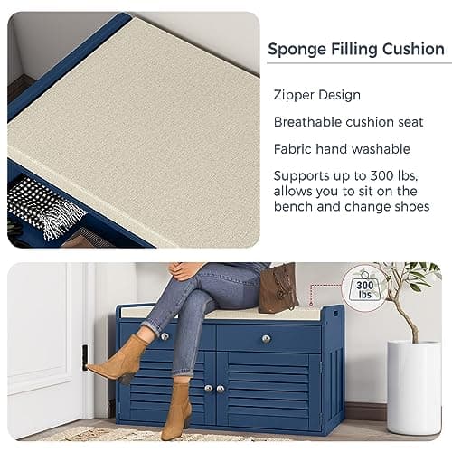 WARMHONIU Shoe Storage Bench with Cushion, Shoe Rack Bench with Doors, Adjustable Shelf, 2-Tier Shoe Cabinet Bench for Entryway, Bedroom, Hallway, Blue 6