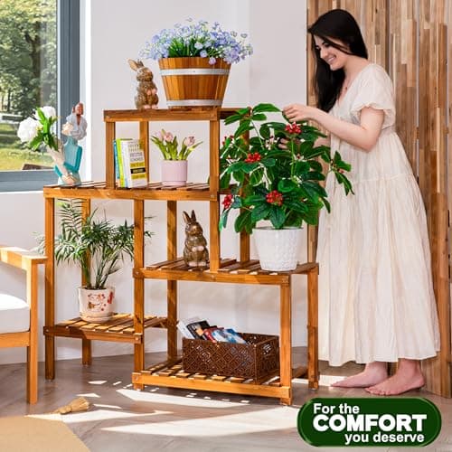 VICTORY RELAX 5 Tier Acacia Wood Plant Stand, Wooden Stepped Slatted Holder Up to 9 Pots, Tall 48 Inch Storage Rack Cabinet for Balcony Living Room Deck Balcony Garden Patio 9
