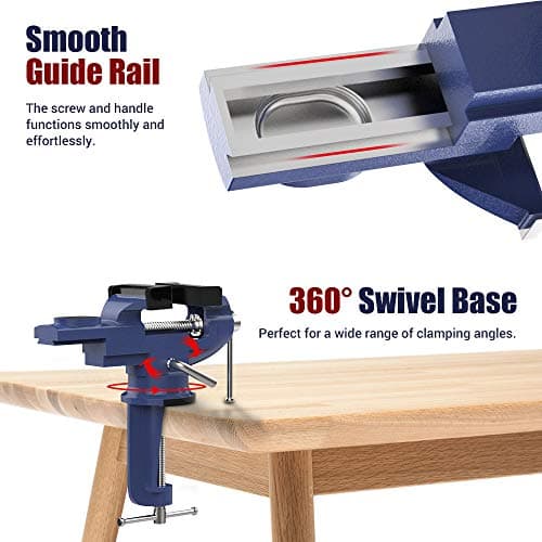 Nuovoware Table Vise 3 Inch, 360° Swivel Base Universal Home Vise Portable Bench Clamp, Clamp-on Vise Bench Clamps Fixed Tool for Woodworking, Metalworking, Cutting Conduit, Drilling, Sawing, Blue 5