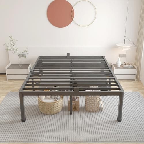 ROIL 14 inch Full Size Bed Frame with Headboard Hole and Round Corner Legs Mattress Retainers 3500LBS Heavy Duty Steel Slats No Box Spring Needed Platform Noise-Free Underneath Storage 9