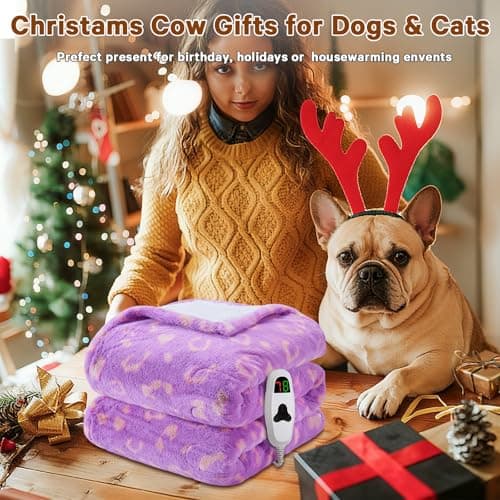 RUJIPO Leopard Print Heated Electric Blanket Twin,62X84 Purple Heating Blanket with 10 Heats Levels & 8 Hours Auto Off,Cute Cheetah Decor Sherpa Blankets Warmer Gifts for Women Couch Office,Washable 6