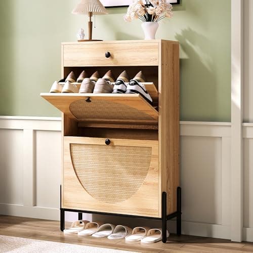 IRONCK Shoe Cabinet with 2 Flip Drawers, Shoe Storage Cabinet for Entryway, Free Standing Shoe Storage Organizer with Rattan Doors Slim Narrow Shoe Rack Cabinet, Oak