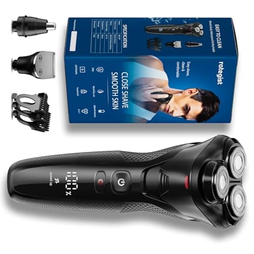 rategist Electric Razor for Men, Rechargeable Electric Shaver, Waterproof Wet Dry Cordless Razor, Adjustable Speeds, with Nose Hair Trimmer, Sideburns Trimmer,Dark Black, Stylish Fashion