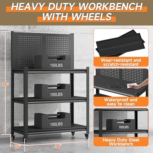 TOPASS Workbench with Pegboard, Adjustable Heavy Duty Work Table with Wheels, Heavy Duty Workstation, Metal Tool Work Bench for Garage Warehouse Workshop, 48" H x 18" D x 34" W, Black 7