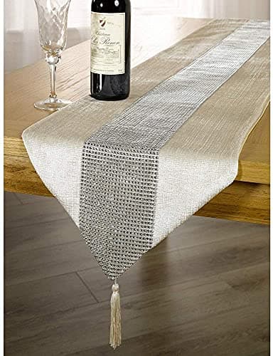 OZXCHIXU 13inch x 72inch Table Runner with Diamante Strip and Tassels (Beige)