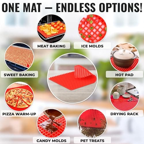 Red Silicone Baking Mat - 16x11.42" Non Stick Baking Mat With Fat Filtering Red Pyramid Design, Suitable for Oven & Microwave - Flexible & Easy-to-Clean Silicone Cooking Mats for Roasting, BBQ, Bacon 6