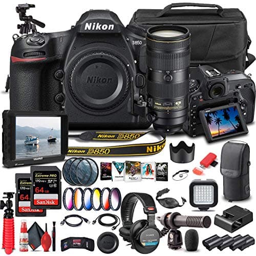 Nikon D850 DSLR Camera (Body Only) (1585) + Nikon 70-200mm VR Lens + 4K Monitor + Headphones + Pro Mic + 2 x 64GB Memory Card + Case + Corel Software + Tripod + More (International Model)