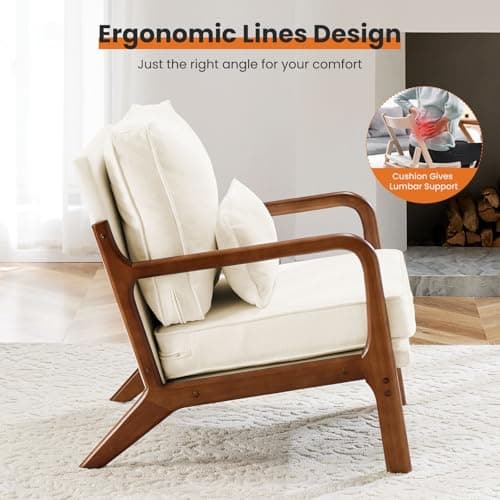 Sweetcrispy Accent Mid Century Modern Chair with Pillow, Upholstered Lounge Armchair, Linen Fabric Comfy Reading Chair with Wood Frame for Living Room, Bedroom, 1 Set, Beige 7