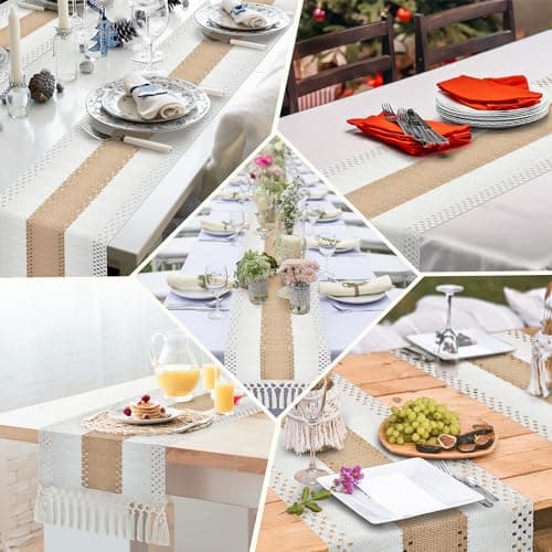 2 Pack Macrame Table Runner Farmhouse Style - 72 Inches Christmas Table Runner Splicing Woven Table Runner with Tassel Beige Farmhouse Fall Decor for Bohemian Rustic Wedding Decor Bridal Shower 6