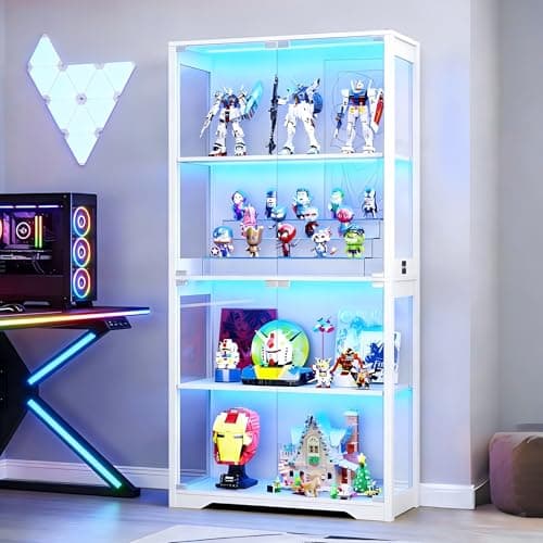 Aauro Home Display Cabinet with Glass Doors, Curio Cabinet with 3 LED Lights and Human Body Sensor, Bookcase with 4 Shelves Storage Cabinets, White