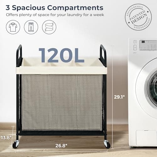 STO STO Laundry Hamper 3 Section, 120L Rolling Laundry Sorter Cart with Removable and Washable Liner Bag, Clothes Hamper with Wheels and Metal Handle for Laundry Room and Bedroom 6