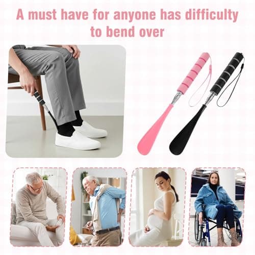 ElevateTech 2Pcs Shoe Horn Long Handle Stainless Steel Retractable Shoe Horn Adjustable Length Travel Shoes Helper for Seniors Pregnant Back Women Men Black Pink 7