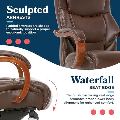 La-Z-Boy Delano Big and Tall Executive Office Chair - Ergonomic Lumbar Support Memory Foam - Bonded Leather Desk Chair for Home Office - Mahogany Wood Arms - Chestnut Brown 8