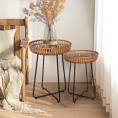 Oakrain Rattan Side Table, Nesting Tables, Set of 2, Bamboo Coffee with Metal Base for Living Room, Sofa, Bedroom, Terrace (18.11''&20.47'')