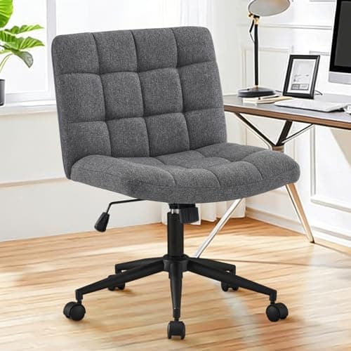 Furnimart Criss Cross Desk Char Wide Seat with Wheels, 360° Swivel Cross Legged Desk Chair Thick Cushion, Comfy Armless Home Office Chair for Bedroom, Vanity, Sturdy (Linen Gray)