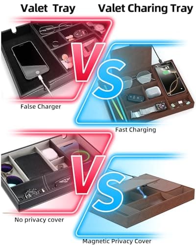 Valet Tray with Wireless Charger, Nightstand Organizer, Leather Desk Drawer Organizer Tray with 7 Compartments for Jewelries, Watch, Key, Wallet, Phone, Brown 6