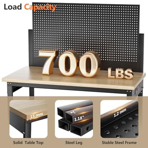Workbench with Pegboard, Adjustable Height Work Bench Heavy Duty Work Station Table with Power Outlets Work Benches for Garage, Workshop, Home, Office(47.2 inch Wide) 5