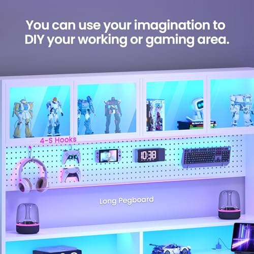 SEDETA Electric Standing Desk with Storage, Height Adjustable Gaming Desk with Hutch and Pegboard, Sit Stand Up Desk with Led Lights, Power Outlet, Monitor Shelf, Keyboard Tray for Home Office, White 6