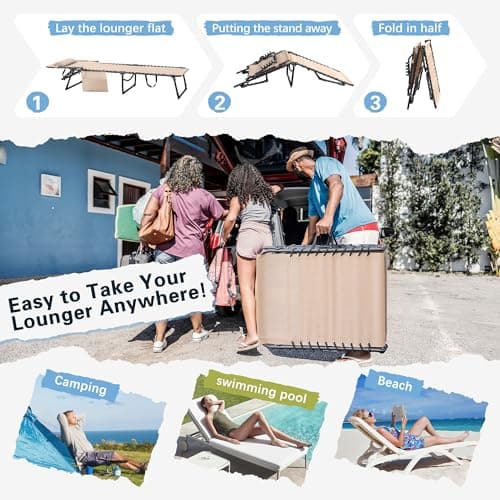 Greesum Chaise Lounge Folding Tanning Chair with 5 Position Adjustable Back, Detachable Pillow & Pocket Outside Pool, Beach, Sunbathing, Beige 6