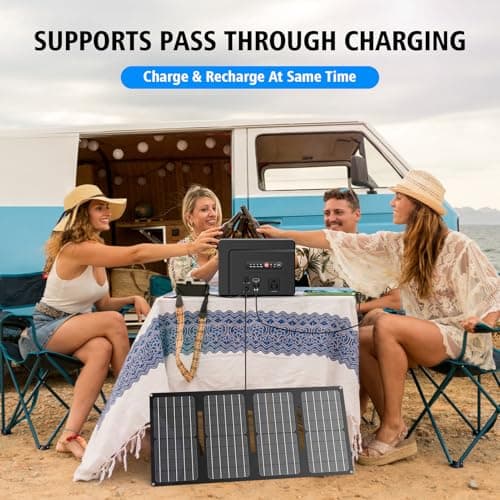 powkey Solar Powered Generator 100W Rated, 97Wh Portable Power Station with Solar Panels 30W Included, Fast Charging Power Bank with AC Outlet 110V/PD65W USB C/QC 3.0 for Outdoor Camping Home Backup 9
