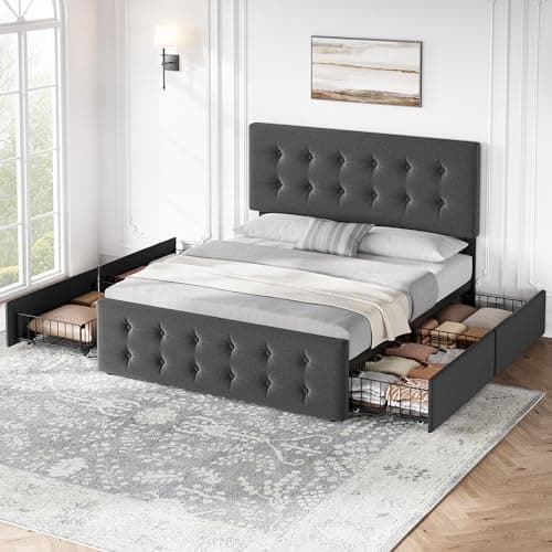 IDEALHOUSE Full Size Bed Frame with 4 Storage Drawers and Adjustable Headboard, Upholstered Mattress Foundation with Skin-Frienly Linen, No Box Spring Needed, Dark Grey (Full) 8