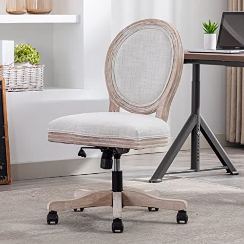 LukeAlon Vintage Linen Office Chair, Adjustable Height Swivel Task Chair with Wood Frame Armless Desk Chair with Wheels Upholstered Round Back Vanity Chair for Home Office Study Room, Beige