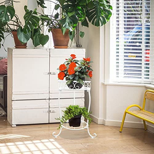 NAKUPE White Metal Plant Stand, 18.5 inch Tall 2 Tier Potted Holder Rack, Heavy Duty Flower Pot Shelf for Indoor Outdoor Patio Balcony Corner Garden 5